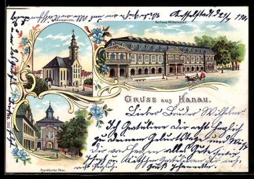 Lithographie Hanau, Johanneskirche, Kurhaus-Wilhelmsbad, Frankfurter Thor