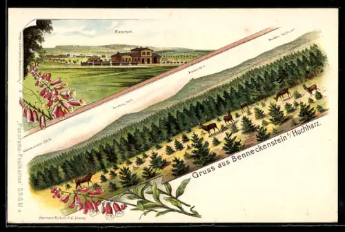 Lithographie Benneckenstein /Hochharz, Bahnhof, Wald mit Hirschen