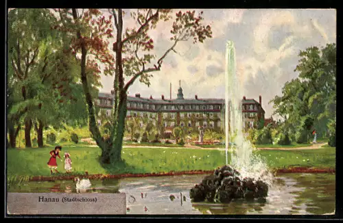 Künstler-AK Hanau, Stadtschloss, Park, Springbrunnen