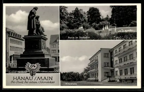 AK Hanau /Main, Grimm-Denkmal, Partie im Stadtpark, Altersheim