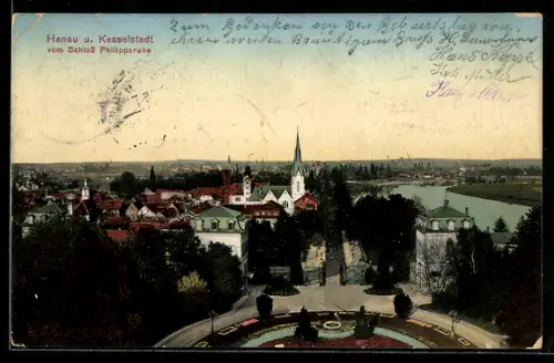 AK Hanau /Kesselstadt, Blick vom Schloss Philippsruhe auf Stadt und Kirche