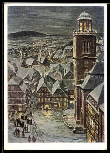 Künstler-AK Lauterbach /Hessen, Weihnachtsabend, verschneite Altstadt mit Turm