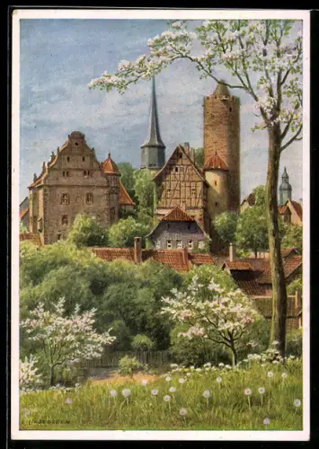 Künstler-AK Schlitz /Hessen, Schloss mit Rundturm, Fachwerkhäuser