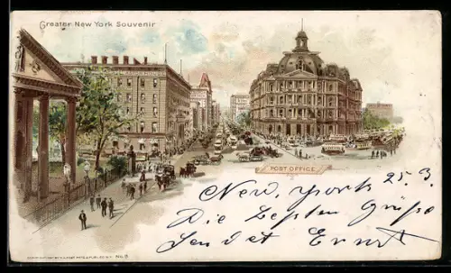 Lithographie New York, NY, Post Office, Strassenbahn