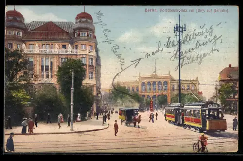 AK Berlin-Tiergarten, Potsdamer Platz mit Blick auf den Bahnhof u. Strassenbahn