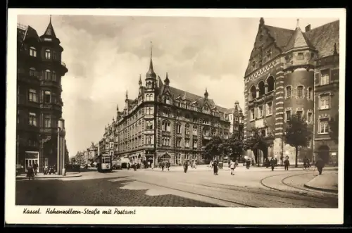 AK Kassel, Hohenzollern-Strasse mit Postamt und Strassenbahn