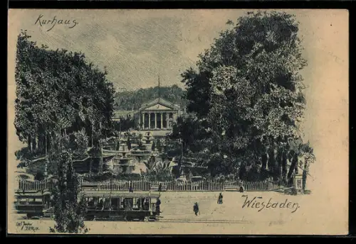 Künstler-AK Carl Jander: Wiesbaden, Kurhaus mit Strassenbahn
