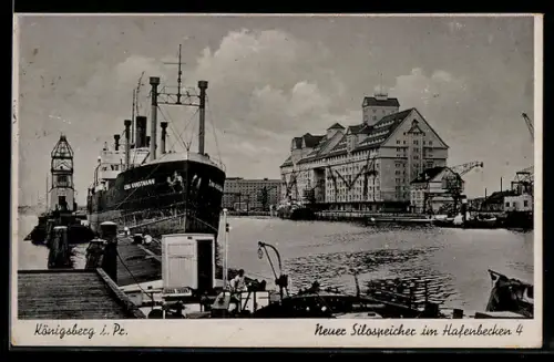 AK Königsberg, Neuer Silospeicher im Hafenbecken, Damper Lina Kunstmann