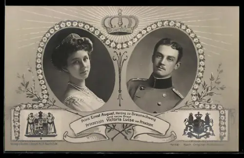 AK Porträt Victoria Louise Herzogin von Braunschweig u. Prinz Ernst August von Braunschweig in Uniform, Wappen, Krone