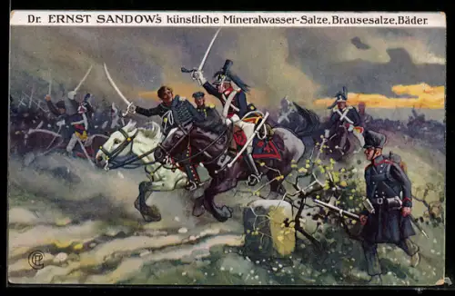 AK Überfall bei Kitzen, Völkerschlacht 1813, Reklame Sandows Salze u. Bäder