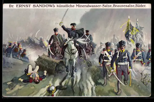 AK General Blüchers Sieg an der Katzbach, Völkerschlacht 1813, Reklame Sandows Salze u. Bäder