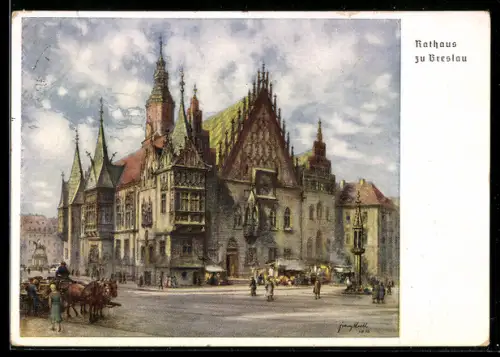 AK Breslau, 12. deutsches Sängerbundfest 1937, Rathaus mit Denkmal, Sonderstempel