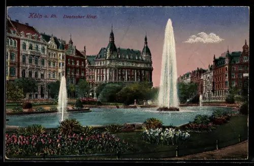 AK Köln-Neustadt, Deutscher Ring, Springbrunnen, Blumenanlagen, historische Gebäude