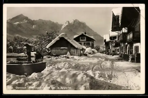 AK Garmisch, Frühlingstrasse mit Alp- und Zugspitze im Schnee