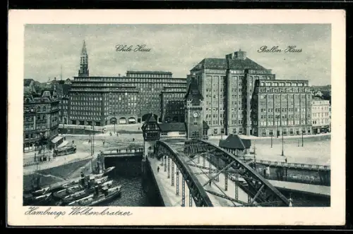 AK Hamburg-Kontorhausviertel, Wolkenkratzer Chile-Haus und Ballin-Haus mit Strassenbahn
