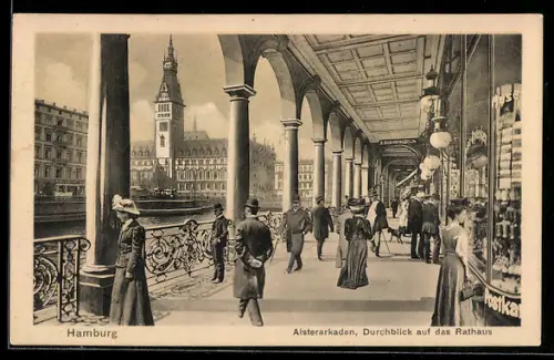 AK Hamburg, Alsterarkaden mit Durchblick auf das Rathaus
