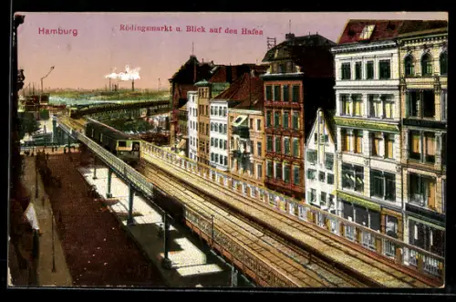 AK Hamburg, Rödingsmarkt und Blick auf den Hafen