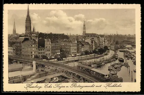 AK Hamburg, Ecke Kajen und Rödingsmarkt mit Hochbahn