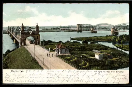 AK Hamburg-Harburg, Blick auf die Elbe mit den zwei Brücken