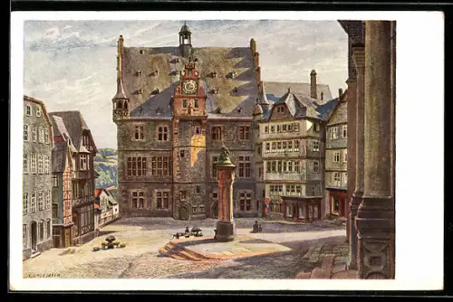 Künstler-AK Marburg, Marktplatz mit Rathaus