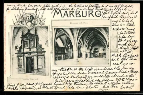 AK Marburg, Inneres Rittersaal im Schloss, Portal, Passepartout