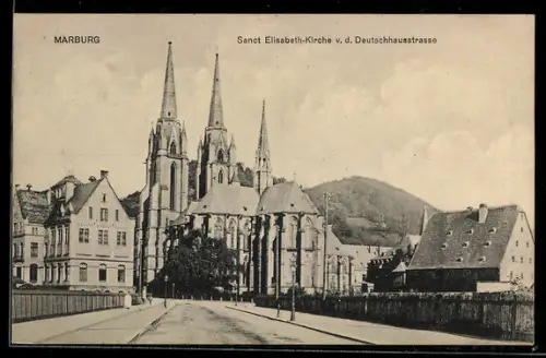 AK Marburg, Sanct Elisabeth-Kirche von der Deutschhausstrasse aus