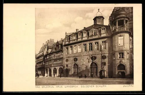 AK Alt-Frankfurt, Partie am Römer mit Salzhaus, Haus Wanebach, Goldener Schwan