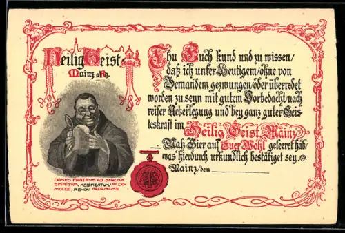 Lithographie Mainz a. Rh., Gasthaus Heilig Geist, Mönch mit Bierkrug