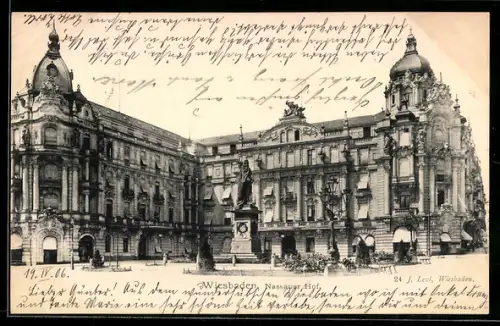 AK Wiesbaden, Hotel Nassauer Hof mit Denkmal