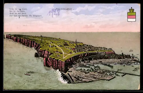 AK Helgoland, Die Insel aus der Vogelschau, Wappen, Spruch