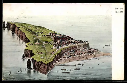 AK Helgoland, Gesamtansicht der Insel und Hafen