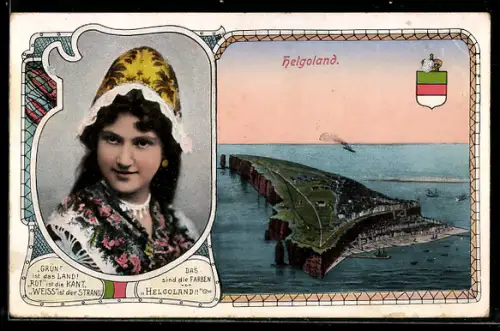 AK Helgoland, Gesamtansicht der Insel, Frau in Tracht