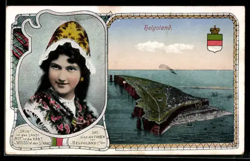 AK Helgoland, Gesamtansicht der Insel, Frau in Tracht
