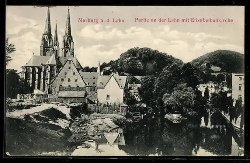 AK Marburg a. d. Lahn, Lahnpartie mit Elisabethenkirche