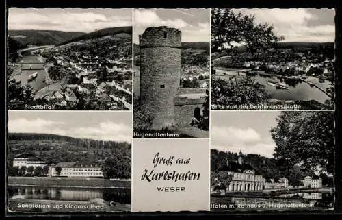AK Karlshafen /Weser, Hugenottenturm, Sanatorium und Kindersolbad, Hafen mit Rathaus