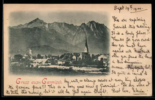 AK Garmisch, Ortsansicht mit Kirche und Alpenpanorama