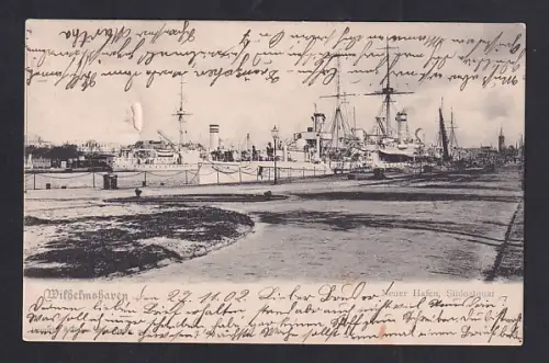 AK Wilhelmshaven, Neuer Hafen, Südostquai mit Kriegsschiffen der Kaiserlichen Marine