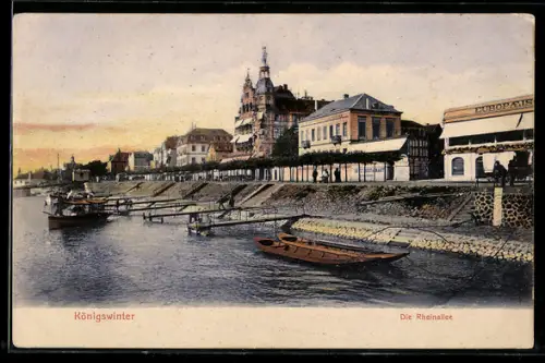AK Königswinter, Rheinallee mit Kähnen und Dampfboot am Ufer