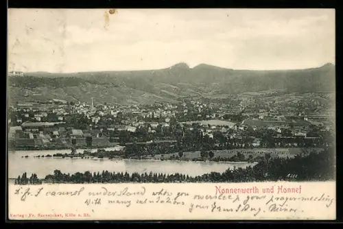 AK Honnef, Gesamtansicht mit Insel Nonnenwerth im Rhein und Siebengebirge