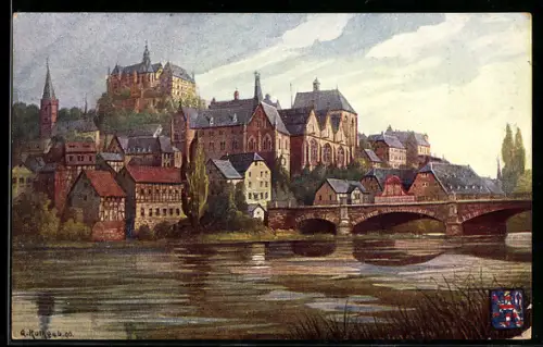 Künstler-AK Marburg, Schloss, Elisabethkirche, Lahnbrücke