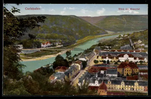 AK Carlshafen, Blick vom Berghang über Stadt ins Wesertal