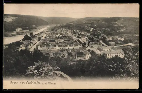 AK Carlshafen a. d. Weser, Gesamtansicht der Stadt und Wesertal