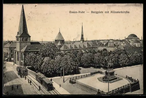 AK Essen /Ruhr, Burgplatz mit Münsterkirche und Strassenbahn