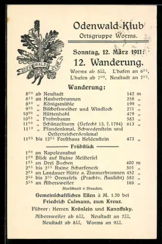 AK Worms, Odenwald-Klub, Ortsgruppe Worms, 12. Wanderung 1911, Wanderroute und Programm