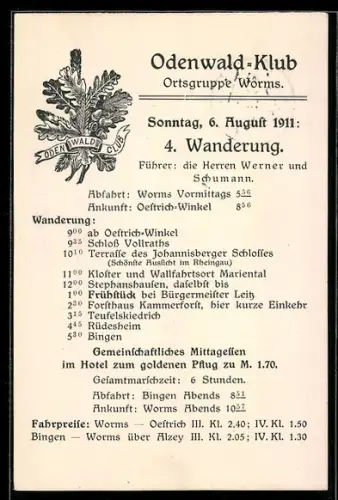 AK Worms, Odenwald-Klub, 4. Wanderung 1911, Programm und Route