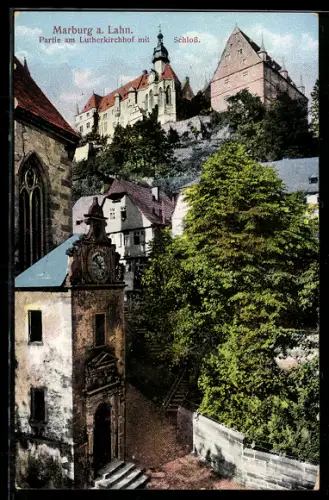 AK Marburg a. Lahn, Partie am Lutherkirchhof mit Schloss