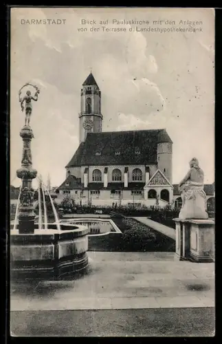 AK Darmstadt, Pauluskirche, Anlagen von der Terrasse der Landeshypothekenbank