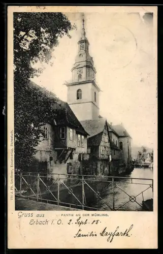 AK Erbach i. O., Partie an der Mümling, Kirche und Fachwerkhäuser