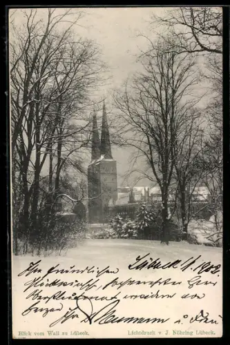 AK Lübeck, Blick vom Wall auf Kirche im Winter