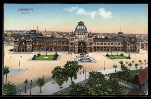 AK Nürnberg, Blick auf den Bahnhof, der Vorplatz mit dem Reiterdenkmal